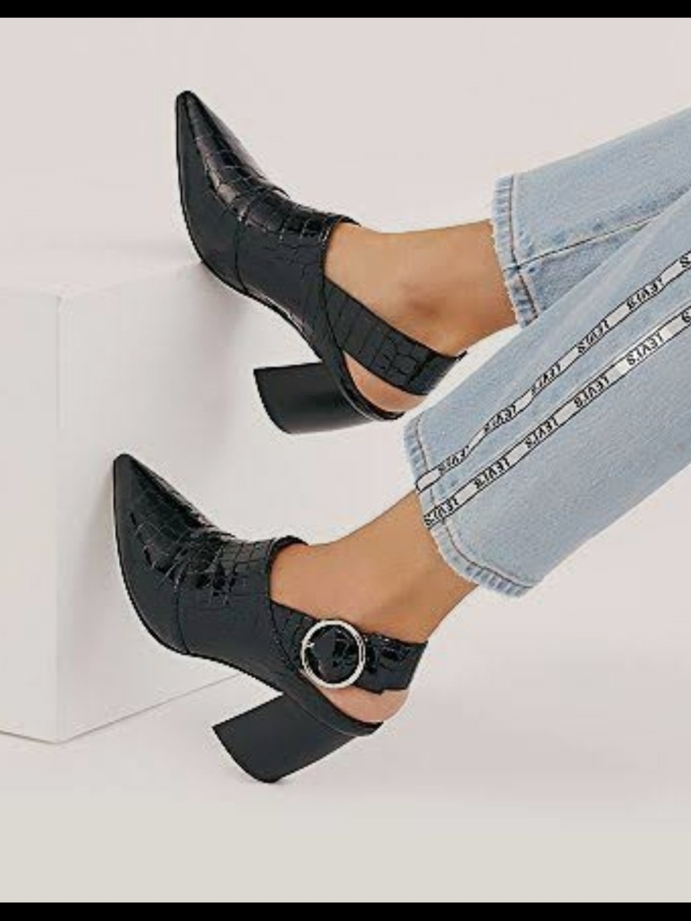 Aldo Black Croc-Embossed Pointed Toe High Heel Booties